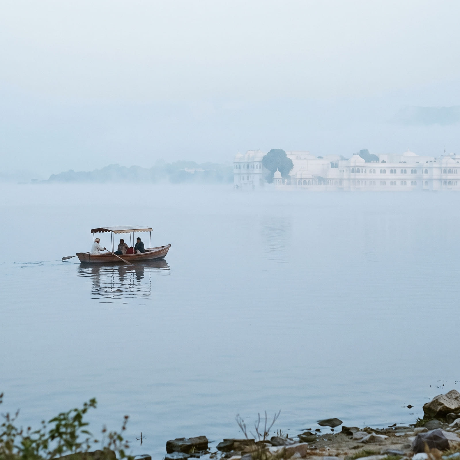 A single wooden boat crossing a pale, misty Lake Pichola with the Taj Lake Palace faint on the horizon